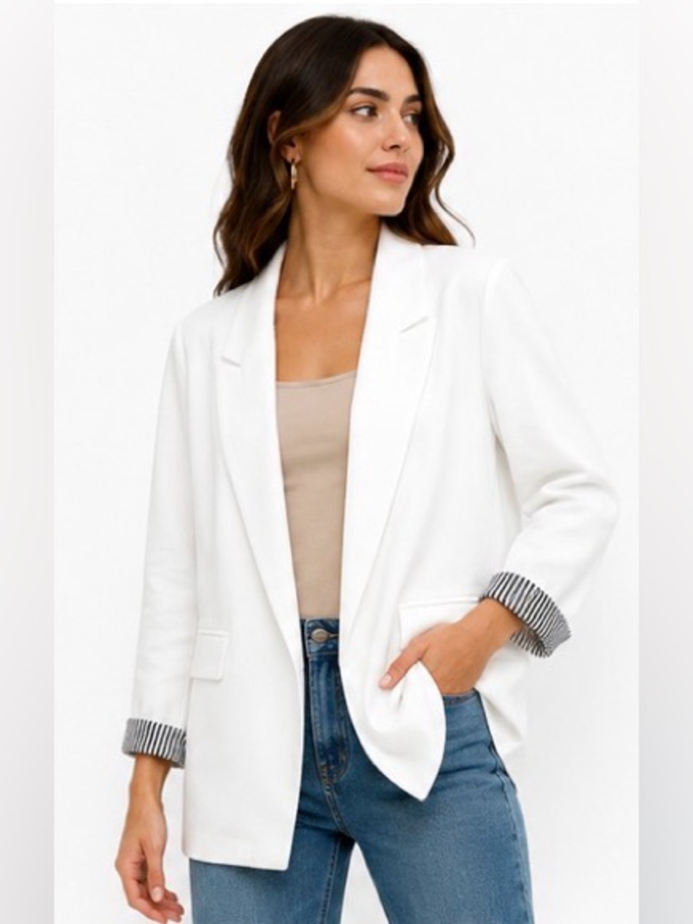 MIOU MUSE White Rayon Open Front Blazer Striped Cuffs NWT M